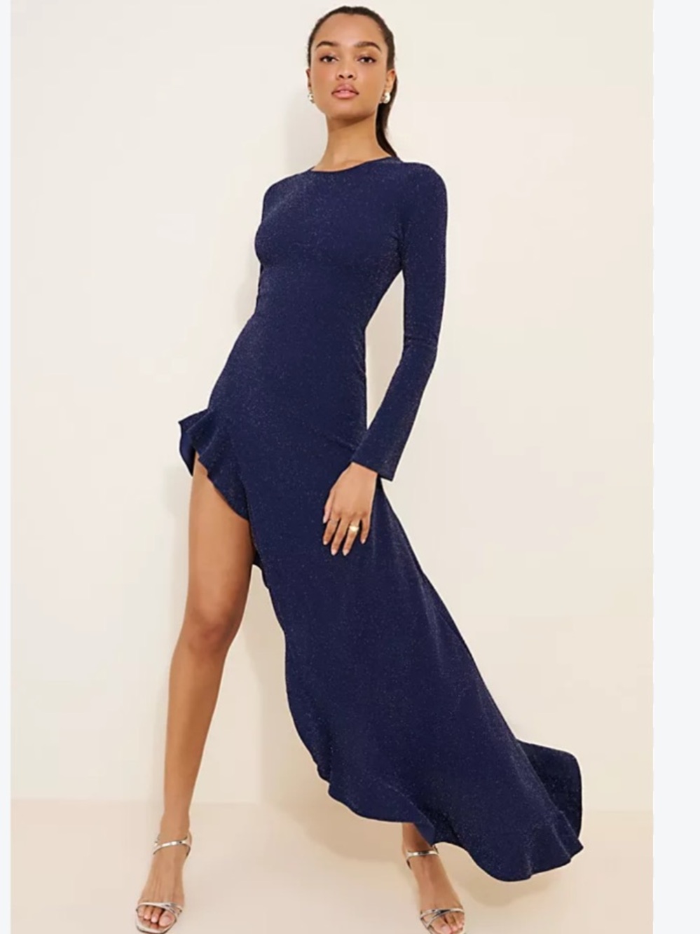 Delfi Collective Dress Rosalia High-Low Ruffle Maxi Metallic Sparkle Navy Blue